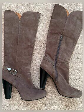 Suede light brown knee high boots with heel